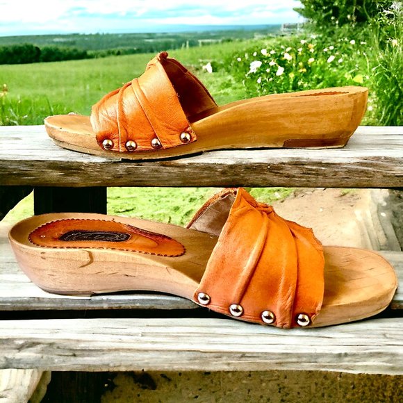 SALPY Handmade Shoes Orange Leather Wooden Mule Style Anna - Picture 4 of 15